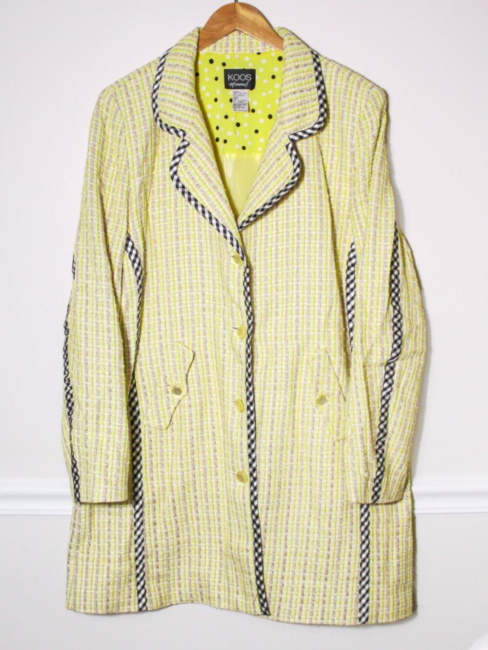 Koos of Course Bouclé Tweed Mixed Media Long Coat Art To Wear Yellow 90s Y2K XL